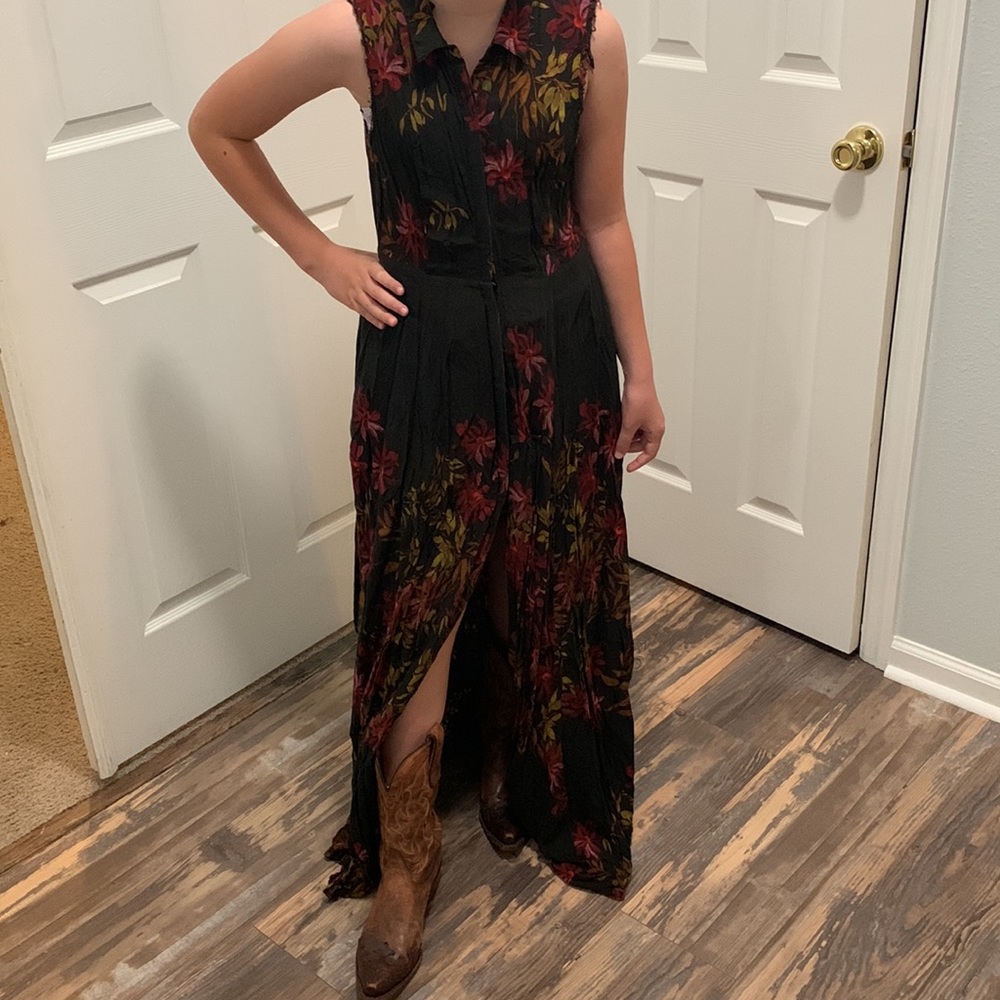 Free People Black After The Storm Floral Print Boho Maxi Shirt Dress